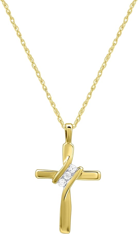Image of the GILDED Small 10 Karat Yellow Gold Natural Round-Cut Diamond Accent 3 Stone Cross Pendant with an 18 Inch Chain