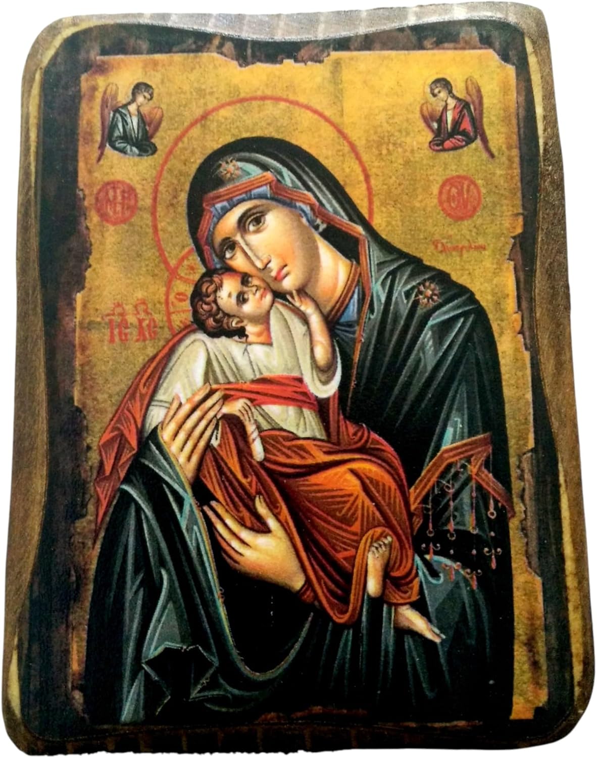 Image of the Wooden Greek Christian Orthodox Wood Icon of Virgin Mary and Jesus Christ